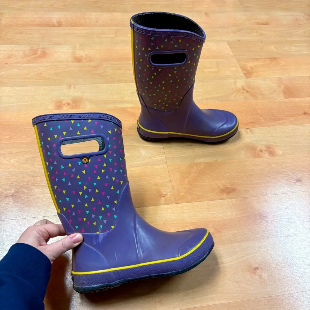 Bogs Purple & Yellow Classic Geo Triangle Print Rubber Rain Boots Kids Size 5